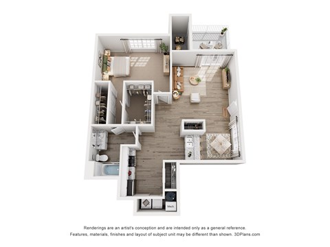 Floor plan for 1 bed, 1 bath, 885 sqft